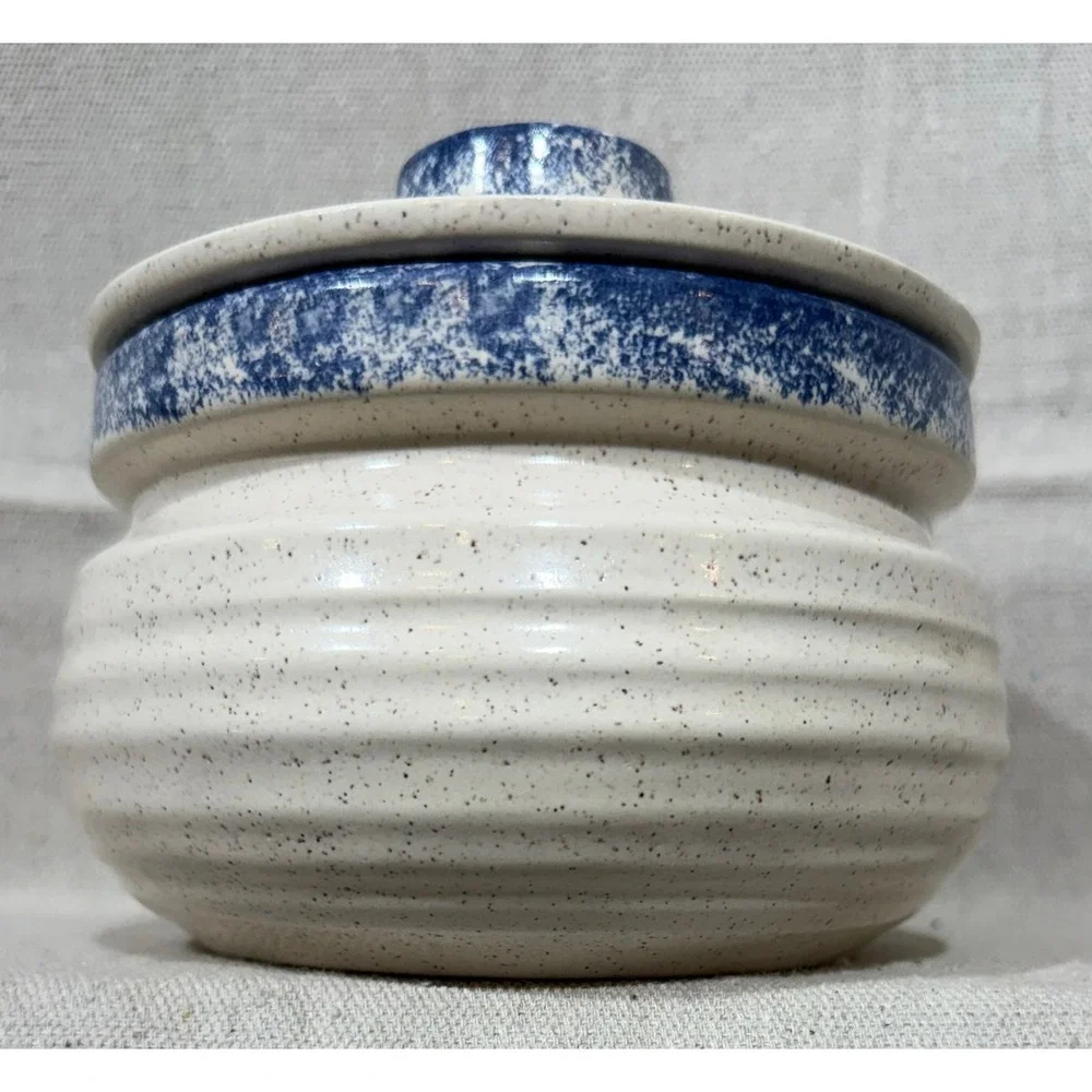 KW Studio Pottery Canister Give Thanks To The Lord Blue Cream Speckled 5x5